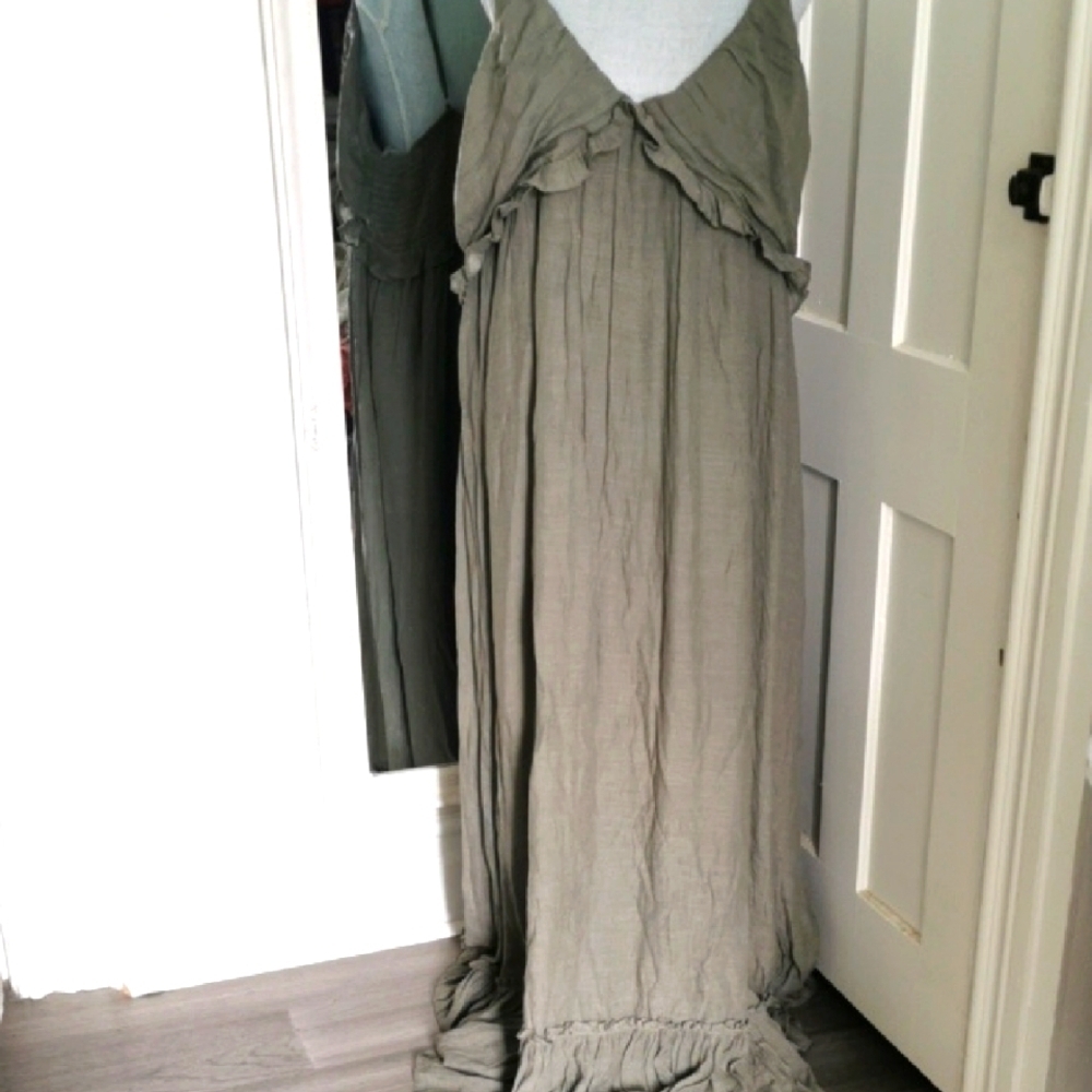 NWT Sweet Lovely by Jen Boho Olive Green Maxi Ruffled Sundress Smocked Back 3XL